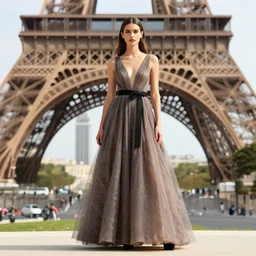 a dress in the style of eiffel tower is worn by a fashion model in paris