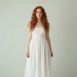 a portrait photography of a beautiful woman with red long curly hair and full body dress in white  by Flora Borsi, soft natural lighting, pastel colors scheme, fine art photography, 50 mm sigma art