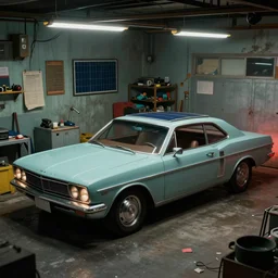 a cinematic matte painting of a boxy 1 9 6 0 s vaporwave retro - futurism sci - fi car with solar panels on roof and doors in a cluttered garage in mumbai. by edward hopper, glennray tutor and greg rutkowski. trending on artstation.