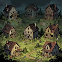 photo cartoon illustration comics manga painting of abandoned houses environement : 6 fantasy environement, digital painting, unreal engine, 8 k, volumetric lighting, contrast by john kirby by carl warner and jim woodring, trending on artstation