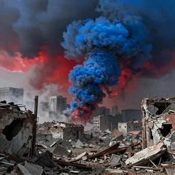 destroyed city, dystopian, war, real, thick blue smoke, red clouds, detailed, award winning, masterpiece