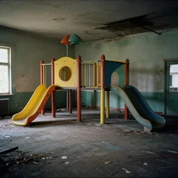 abandoned colorful indoors playground, grainy vhs footage, liminal space, eerie