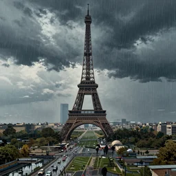 beautiful digital illustration Paris city in the rain cyberpunk by Marc Simonetti