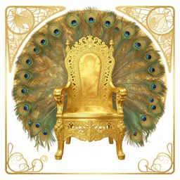 a throne made of gold and surrounded by peacock feathers with an elegant art deco boarder, concept art, illustration, alphonse mucha, tamara de lepika,