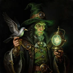 a baroque close - up portrait painting of a dark green whimsical steampunk wizard withs holding a bird and a glowing time machine. black background. negative light. highly detailed science fiction painting by norman rockwell, moebius, frank frazetta, and syd mead. high contrast. renaissance masterpiece. artstation