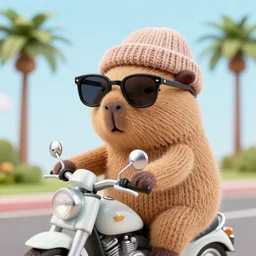 a closeup photorealistic photograph of a knitted cute Capybara wearing stylish sunglasses, dressed in a beanie cap and riding on a motorcycle in Hollywood at sundown. Palm trees in the background. This 4K HD image is Trending on Artstation, featured on Behance, well-rendered, extra crisp, features intricate detail and the style of Unreal Engine.