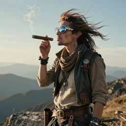 solarpunk cyclops smoking a cigar hair blowing in wind on mountain top