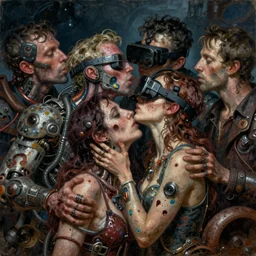 junky men kissing junky women, cybertronic gadgets and vr helmet, flesh + technology, durty colours, night, rotten textures, rusty shapes, biotechnology, norman rockwell, tim hildebrandt, wayne barlow, bruce pennington, larry elmore, oil on canvas, deep depth field, masterpiece, cinematic composition, hyper - detailed, hd, hdr