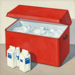 icebox in the background with milk cartons in the foreground, in the style of madras rouge 1 9 0 7 by henri matisse.
