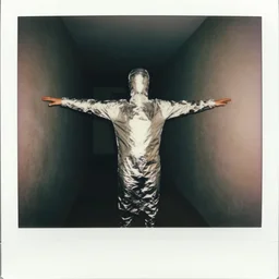 polaroid, figure wrapped in aluminum foil, arms outstretched, dimly lit hallway
