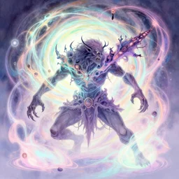 side profile, chaotic gnoll god of destruction, gloomhaven, luminescent, colorful swirly magic ripples, pastel colors, by greg manchess, huang guangjian, gil elvgren, sachin teng, greg rutkowski, jesper ejsing, ilya kuvshinov