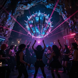 cinematic shot of a goth disco nightclub in a cave, (((sphere made of knives))) pink lasers and blue crystals, goth people dancing, 8k photograph
