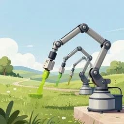a machine with 6 mechanical arms painting a landscape