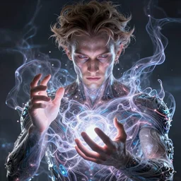 a powerful psychic man emitting psychic powers, detailed, highly detailed, aesthetic, highly aesthetic, crisp and clear, in focus, intricate, by Aly Fell, Aly Fell art,