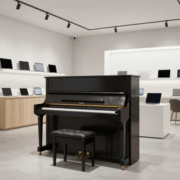 dezeen showroom photo of macbook piano, render, Dieter Rams classic product design, product design render,
