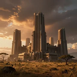 star wars concept art by greg rutkowski, brutalist buildings in the middle of a savannah landscape, cinematic sunset lighting, dramatic atmosphere.
