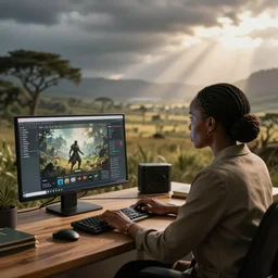 A Kenyan businesswoman playing an RPG on her computer, over the shoulder view, iPhone photo