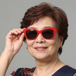 a woman, 5 0 years old, wearing red sunglasses