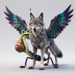 wolf with bird wings with snail shell and snake head with dragonfly eyes millipede legs and peacock - eye butterfly colors | 3 d render | trending on artstation