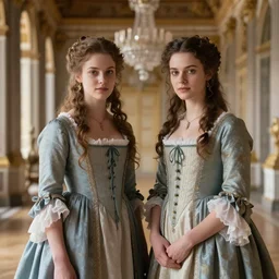two young attractive beautiful scandinavian women wearing an 1 8 th century dress in versailles, cinematic, 8 k hdr, detailed, hyperrealistic