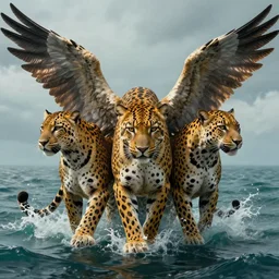 three headed leopard And two wings coming out of the sea , digital Art, Greg rutkowski, Trending artstation, cinematographic, hyperrealistic