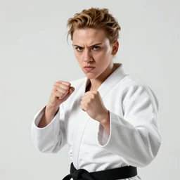 scarlett johansson with angry expression, wearing a gi in a dojo, balled fist ready to fight. 3 comic panel fight scenes. dramatic lighting, samurai champloo anime style, pencil and ink manga drawing