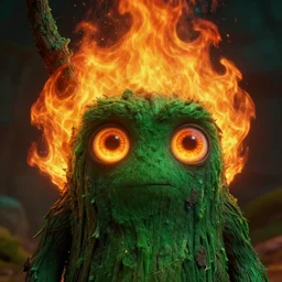 detailed fire rocky scene, a close up of a funny tree monster fire spirit, with detailed large glowing eyes, and large flaming hair by maurice sendak, shaun tan made in hyperrealistic 3 d, octane render, dark green colours, sharp focus, 8 k, nighttime