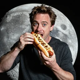 robert downey jr eating a hot dog on the moon, dynamic lighting