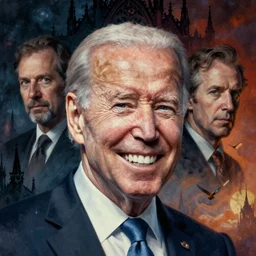 portrait of joe biden smiling, menacing teeth, by zdzislaw beksinski, by dariusz zawadzki, by john jude palencar, gothic, surrealism, cosmic horror, lovecraftian, cold hue's, warm tone gradient background, concept art, beautiful composition