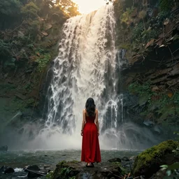 a woman in a red dress is standing under the waterfall, post apocalypse, green everywhere, 4k, ultra details, cinematic, epic style, beautiful photo, hyper realistic, octane render, unreal engine, award winning, on artstation, volumetric lightning, masterpiece, golden hour,