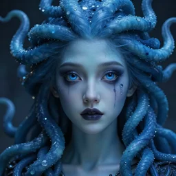 hyperrealistic high quality photo close-up portrait of a cute blue gothic medusa with round puppy eyes sharp cinematic lighting 8k low angle shallow depth of field