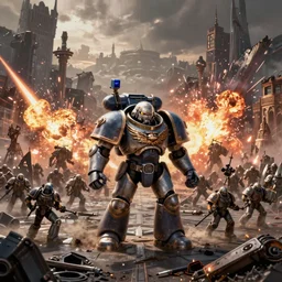 warhammer 40k ultramarine on the battle field, explosions, ruined empire on the background, digital art, illustration, wide angle, fine details, cinematic, highly detailed, octane render, 4k, unreal engine