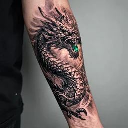 forearm tattoo of a dragon with a green emerald in its mouth, dark and vibrant forearm tattoo