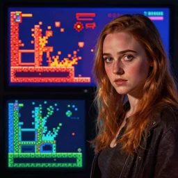 kathryn newton gameplay still frame, 4 colors, pixel art, retro, splash screen, level design, high contrast, background, deep focus, highly detailed, dramatic lighting, digital painting, artstation, concept art, matte, greg rutkowski, moebius, illustration.