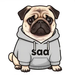 a sad pug wearing a hoodie, the word'sad'is written on the hoodie in upper case letters, digital art, synthwave style, trending on artstation, matte painting