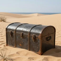 an old metal chest in a desert island | d&d | hyperdetailed