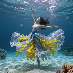 woman dancing underwater wearing a long flowing dress made of many translucent layers of silver and blue lace seaweed, bolts of bright yellow fish, delicate coral sea bottom, swirling silver fish, swirling smoke shapes, octane render, caustics on the seafloor, lighting from above, cinematic, hyperdetailed
