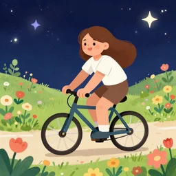happy beautiful brown female cartoon image cycling through interstellar flowers field