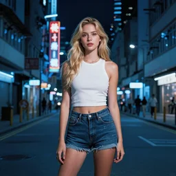 a beautiful young blonde girl standing in the middle of a road on a night Hong Kong china town, blue color grading, cinematic color grading , unreal 5, hyperrealistic, realistic, photorealistic, dynamic lighting, highly detailed, cinematic landscape, studio landscape, studio lighting