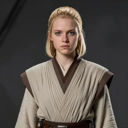 star wars portrait of a woman by greg rutkowski, young jedi knight, round face, blonde hair, she is about 3 0 years old, wearing jedi robes, arstation hq.