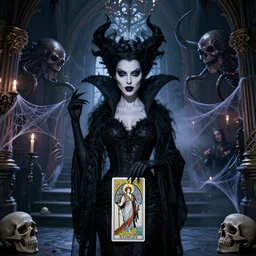 closeup portrait succubus gothic disney varga elvira medusa standing in a ornate haunted mansion during a seance, kraken, skulls, spider webs, glamour pose, guillermo del toro, hp lovecraft, alphonse mucha, wes anderson, volumetric lighting, mist, tarot card, d & d, ilya kuvshinov, wes craven, greg rutkowski,
