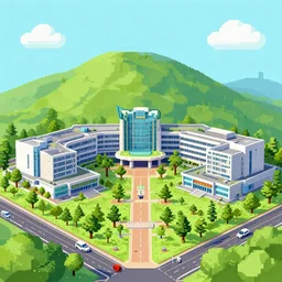 indonesian university in 2 3 4 5, campus situated in the hills, fusion architecture, future jakarta, new garuda, pixelart, art by mike winkelmann, dan mumford