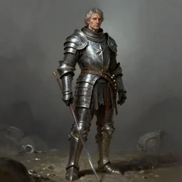 old man in banded mail, full armor, warrior, graying hair, fantasy, cinematic, stunning, highly detailed, digital painting, artstation, soft focus, ominous lighting, full body shot, illustration, art by raf grassetti and hugo richard