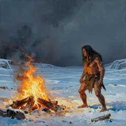 painting of prehistoric caveman, icescape, fire hearth, desolation, by jack kirby, cinematic light