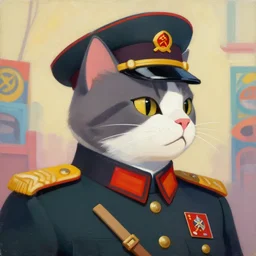 Portrait painting an anthropomorphic cat wearing as Soviet leader, as an Overwatch character, medium shot, asymmetrical, profile picture, Organic Painting, sunny day, Matte Painting, bold shapes, hard edges, street art, trending on artstation, by Huang Guangjian and Gil Elvgren and Sachin Teng