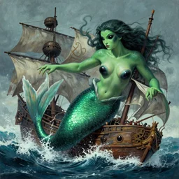 giant mermaid with green skin and black sclera, breaking surface and destroying a pirate ship, epic fantasy illustration, matte painting by Artgerm and Ross Tran