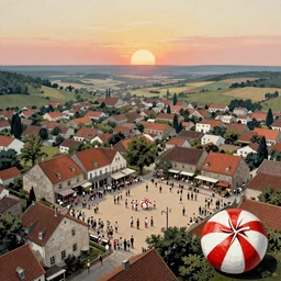 1960s illustration of a town in a valley with people gathered in a town square, aerial view, sunrise, peppermint motif, collage in the style of Klaus Voormann, high quality