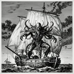 black and white etching of cthulhu menacing a sailboat in the style of martin lewis