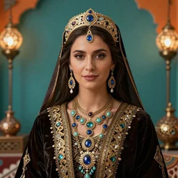 stunning awe-inspiring digital portrait of a lady in traditional Armenian attire, wearing highly detailed jewelries and ornaments, photorealistic portrait by Da Vinci and Picasso, beautiful face, beautiful portrait lighting, teal and orange colored background with traditional lampstands and furnitures, artstation, Zbrush, Octane, smooth
