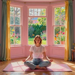 Photorealistic meditative room in the morning sunlight with windows showing a beautiful garden, vivid colors, serene, moving, masterpiece, detailed painting by Alena Aenami, by Wes Anderson, by Elsa Beskow